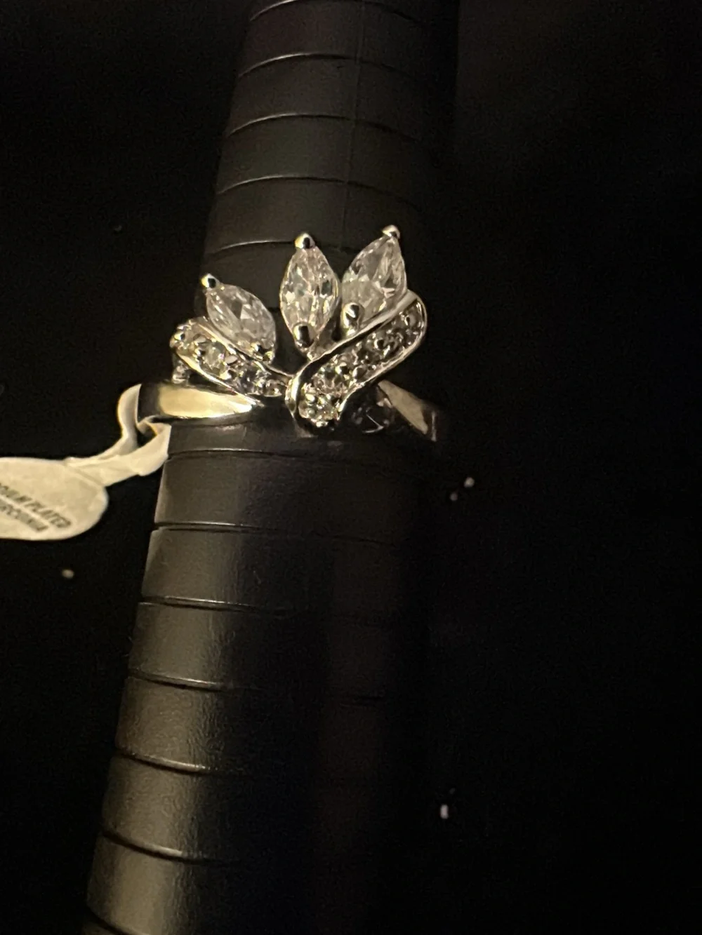 Rhodium Plated  with Cubic Zirconia Silver Crystal Leaf Ring - Clear Sparkle